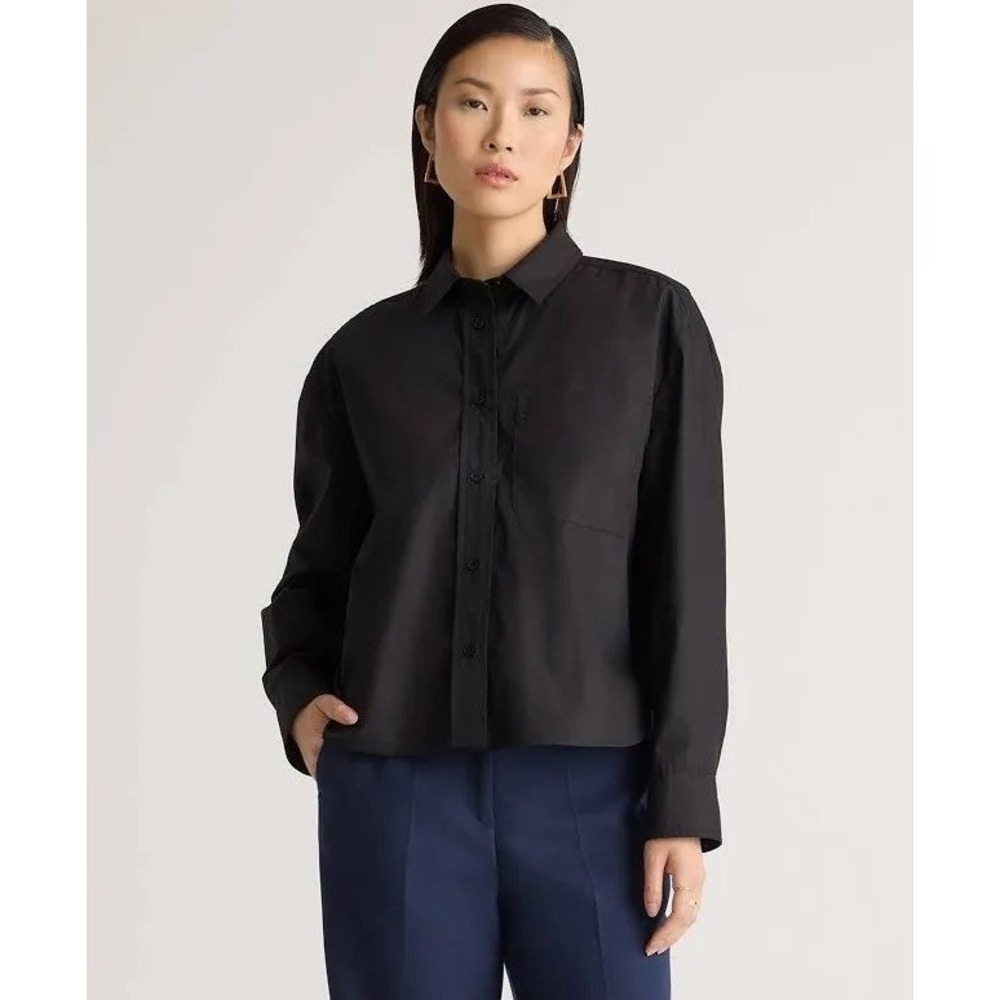 Quince Black Organic Cotton Poplin Cropped Long Sleeve Button Up Shirt S